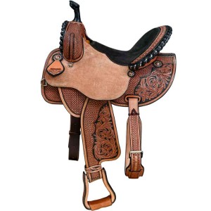 A barrel racing western saddle featuring floral and waffle weave hand tooled leather, roughout jockeys and seat, custom seat size, color, and personalized conchos